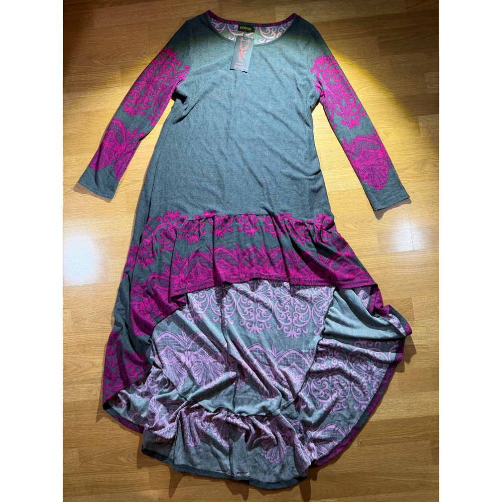 Reborn Womens XL Grey Magenta Damask Print High Low Long Sleeve Ruffle Dress NEW
